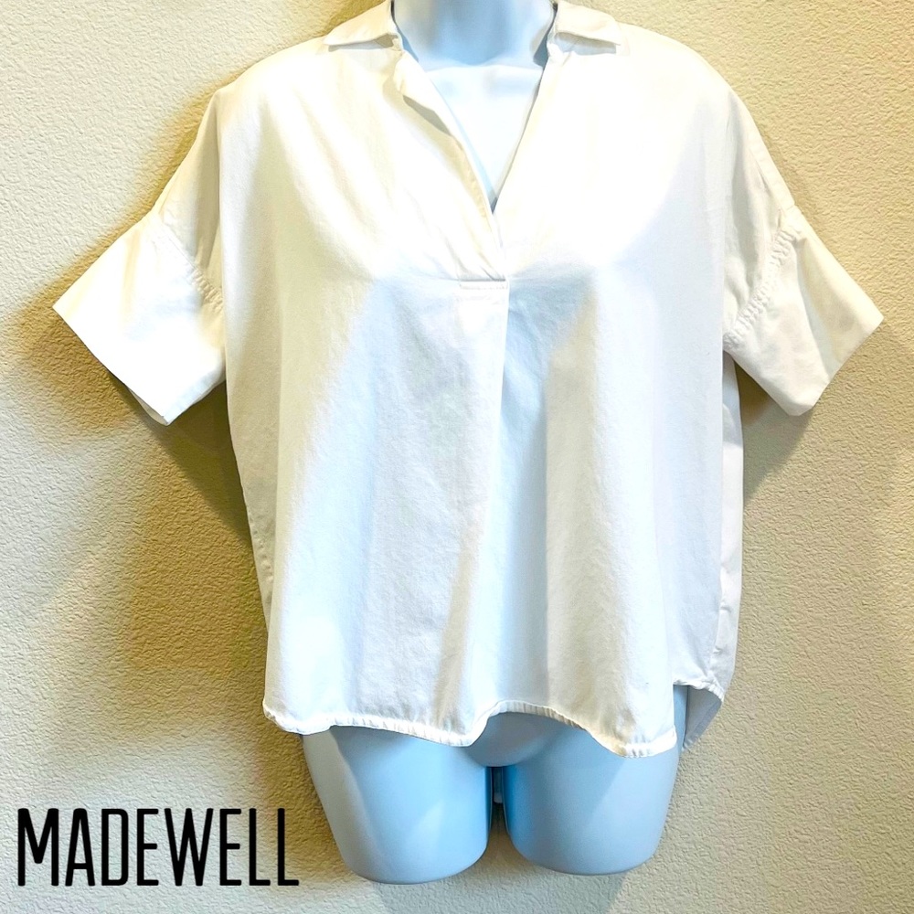 Madewell women white cotton blend box shape top over sized top v neck Sz XXS